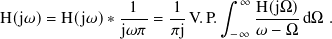                 1    1     ∫︁  ∞ H(jΩ)
H(j𝜔)= H(j𝜔) ∗ j𝜔-𝜋-= 𝜋j V. P.   𝜔-−-Ω-dΩ .
                             −∞